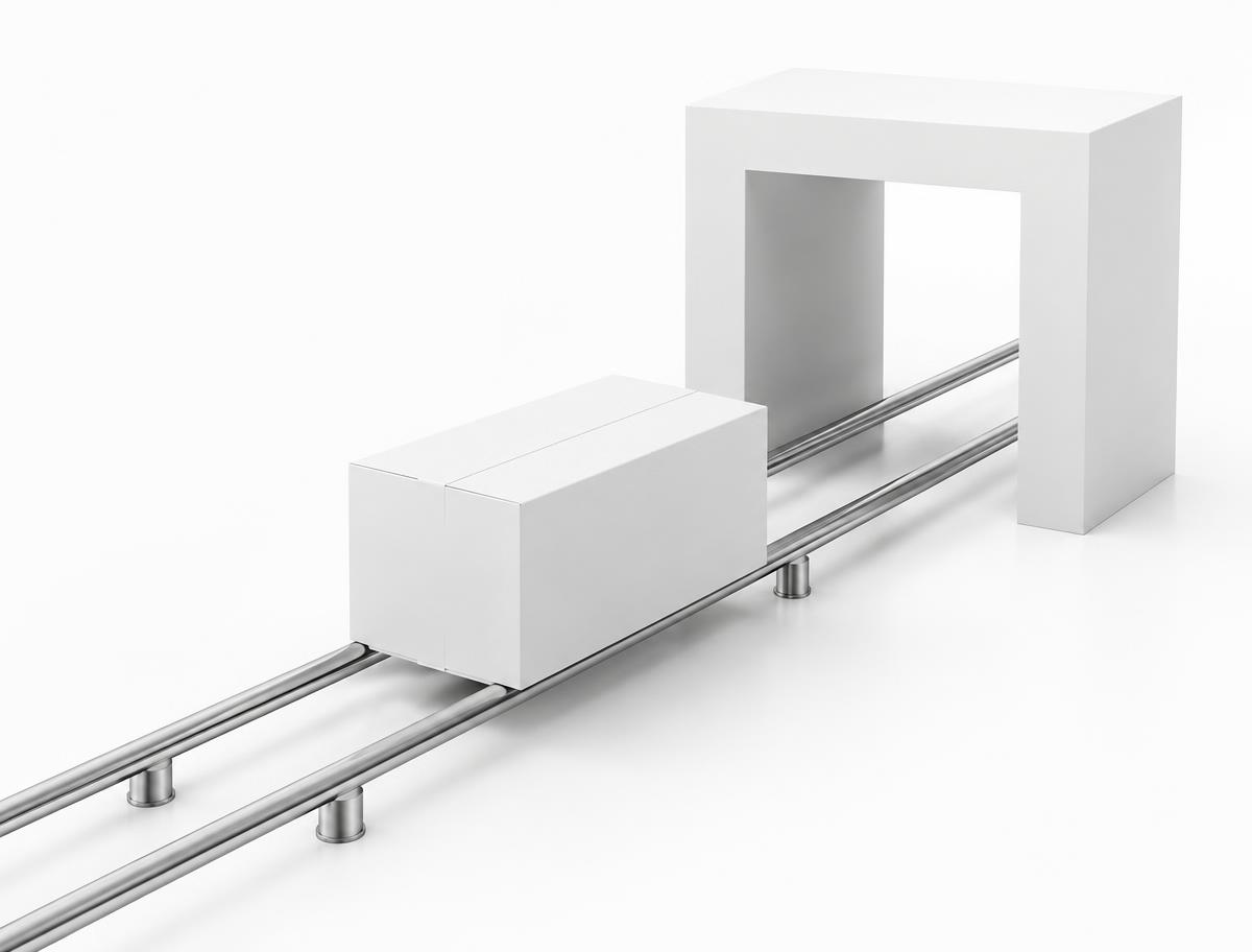 White carton moving toward a delivery portal
